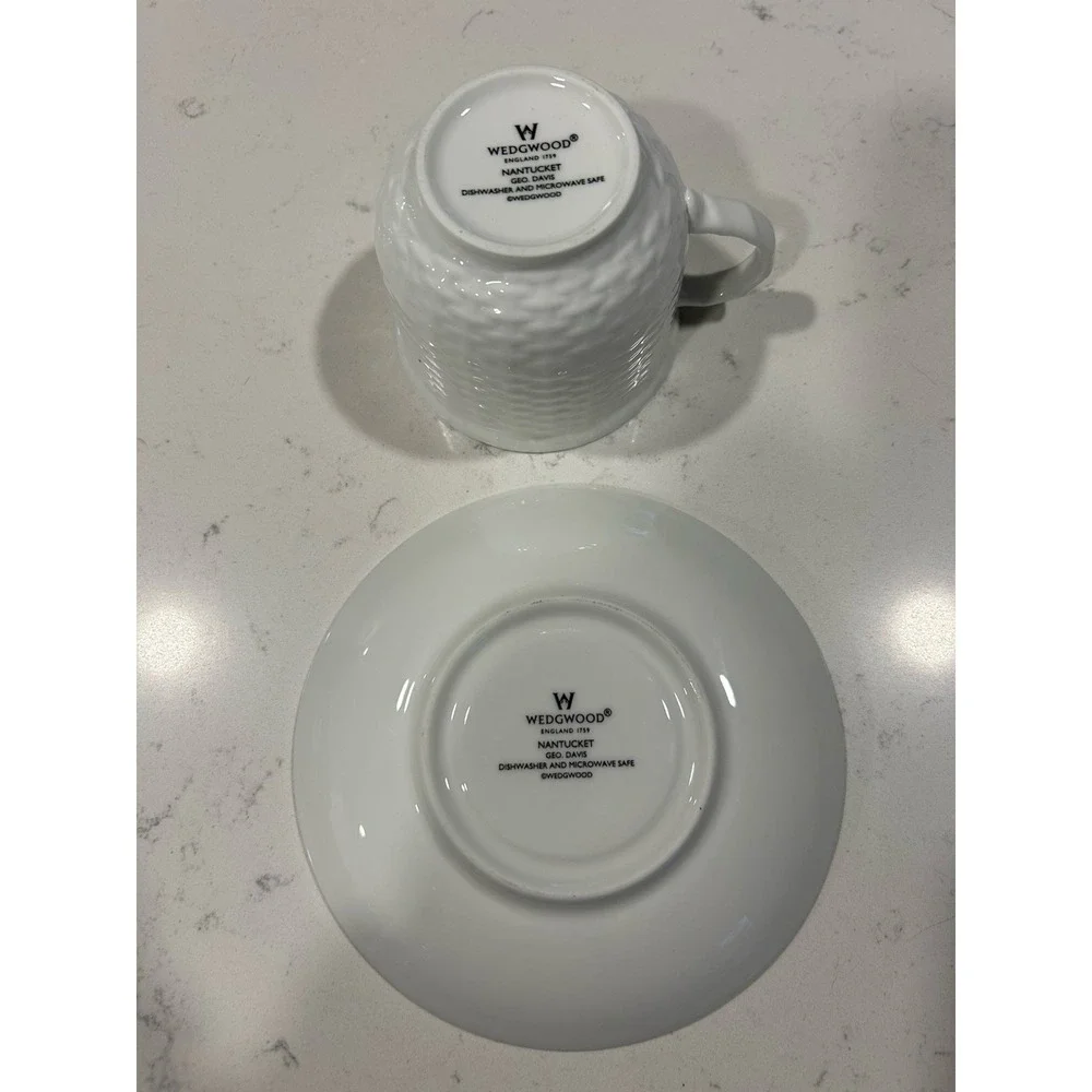1986‎ Wedgwood Bone China Nantucket Basketweave Geo. Davis Flat Cup & Saucer